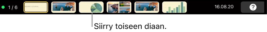MacBook Pron Touch Bar, jossa on esityssäätimet esityksestä poistumiseen, siirtymiseen toiselle dialle ja esittäjän näytön vaihtamiselle.