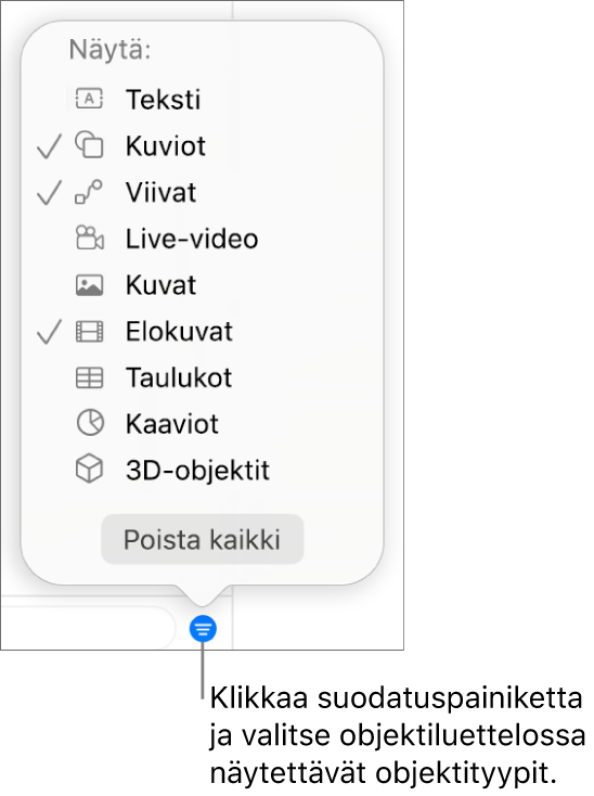 Suodatus-ponnahdusvalikko, jossa on lueteltu objektityypit, joita luettelossa voi olla (teksti, kuviot, viivat, kuvat, elokuvat, taulukot ja kaaviot).