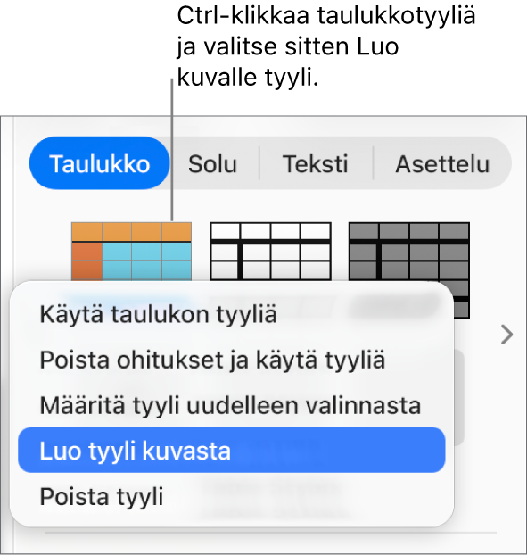 Taulukkotyylien oikotievalikko.