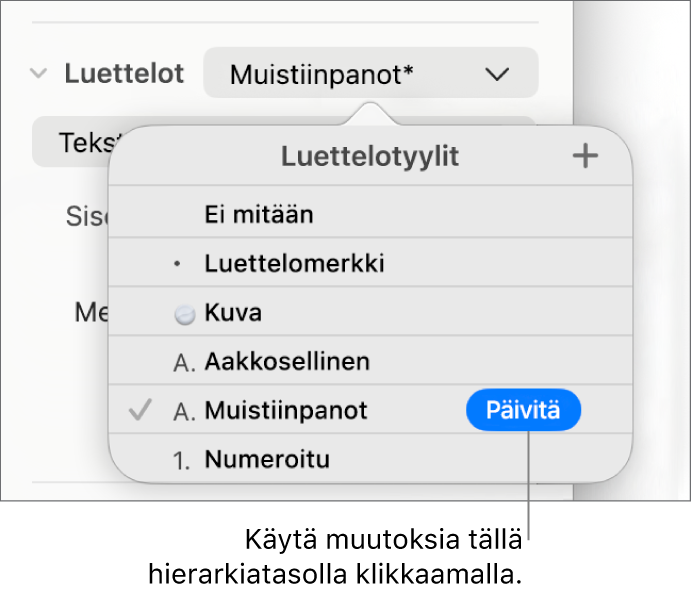 Luettelotyylit-ponnahdusvalikko, jossa uuden tyylin nimen vieressä on Päivitä-painike.