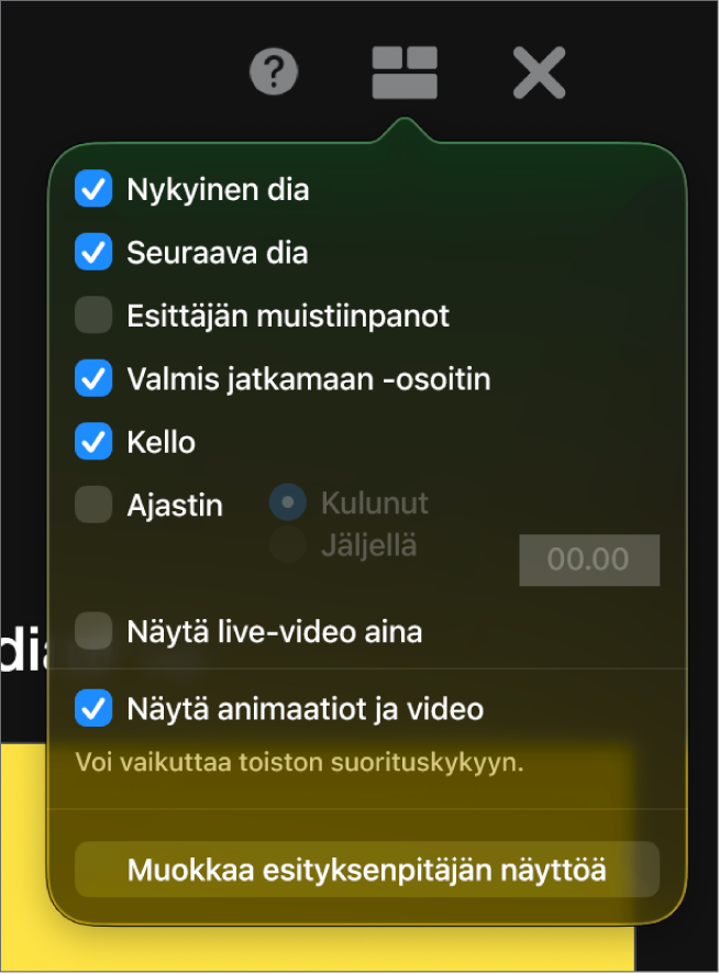 Esittäjän näytön valinnat, kuten Nykyinen dia, Seuraava dia, Esittäjän muistiinpanot, Valmis jatkamaan -osoitin, Kello ja Ajastin. Ajastimessa on lisävalintoja, jotka näyttävät joko kuluneen ajan tai jäljellä olevan ajan.