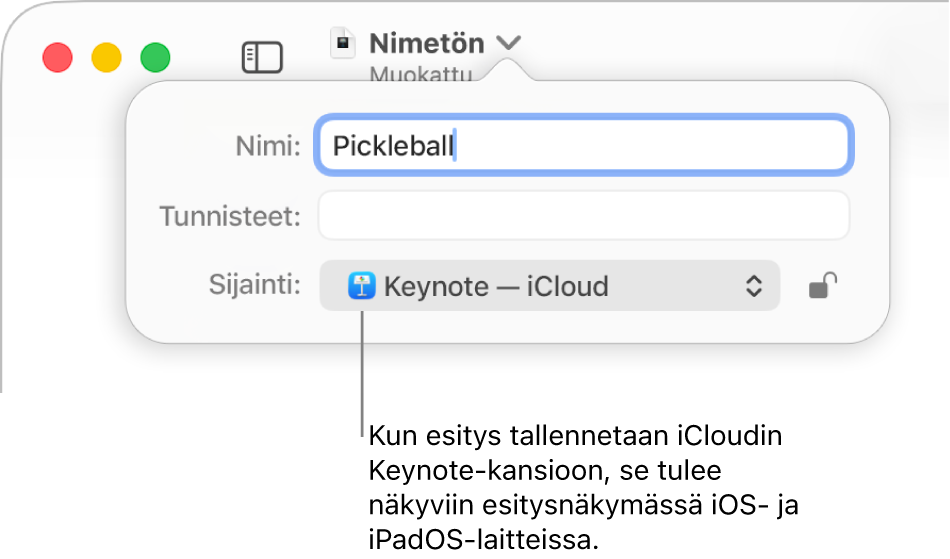 Tallenna-valintaikkuna esitykselle, jonka Missä-ponnahdusvalikossa on Keynote – iCloud.