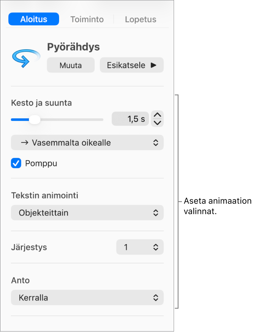 Aloitusvalinnat sivupalkin Animaatio-välilehdellä.