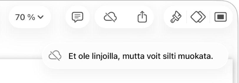 Näytön yläreunalla näkyy painikkeita, Yhteistyö-painike muuttuu pilven kuvaksi, jonka läpi menee vinottainen viiva. Näytöllä näkyvässä ilmoituksessa lukee ”Et ole linjoilla, mutta voit silti muokata.”