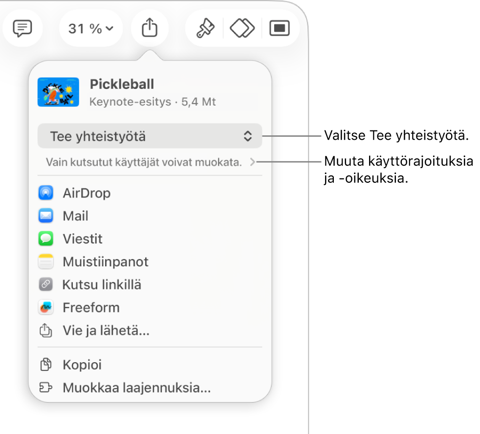 Jaa-valikko, jossa on ylhäällä valittuna Tee yhteistyötä, ja sen alla ovat käyttöoikeus- ja lupa-asetukset.