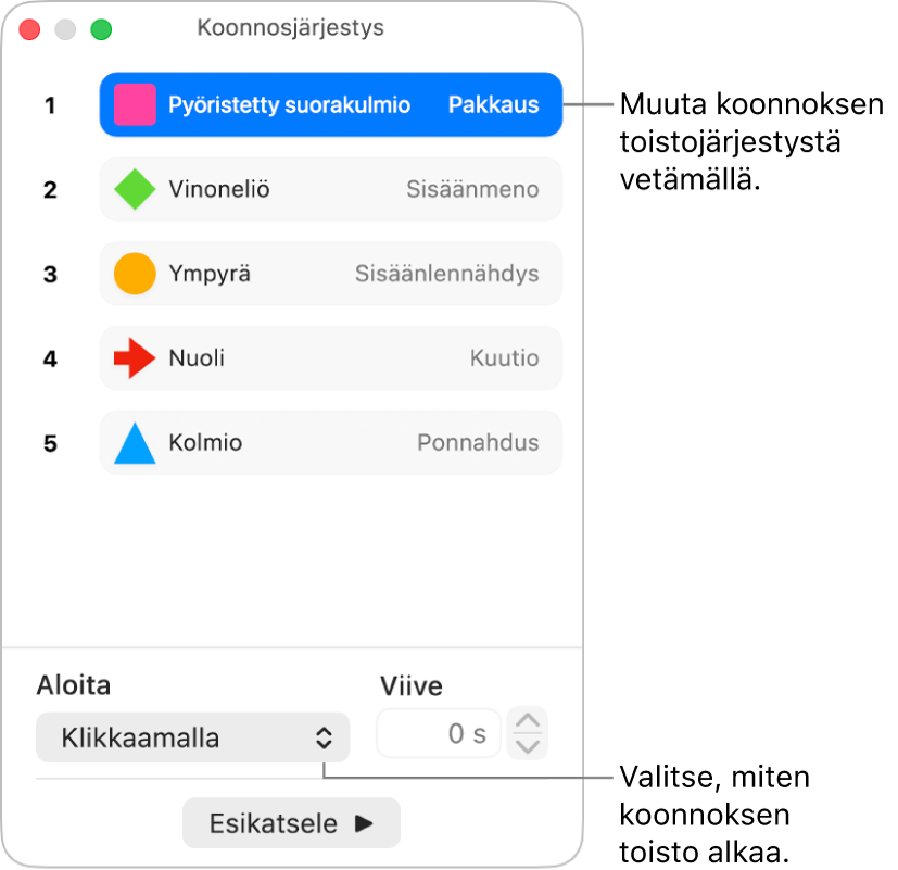 Koonnoksen järjestys -ikkuna.