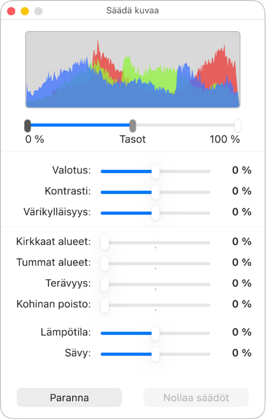 Säädä kuvaa -ikkuna, jossa on liukusäätimiä valotuksen, kontrastin, kylläisyyden, korostusten, varjojen, terävyyden, kohinan poiston, lämpötilan ja sävyn asettamiseen.