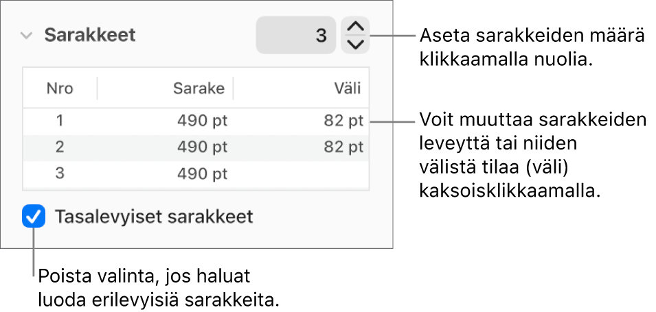 Sarakkeet-osion säätimet sarakkeiden määrän ja leveyden muuttamiseen.