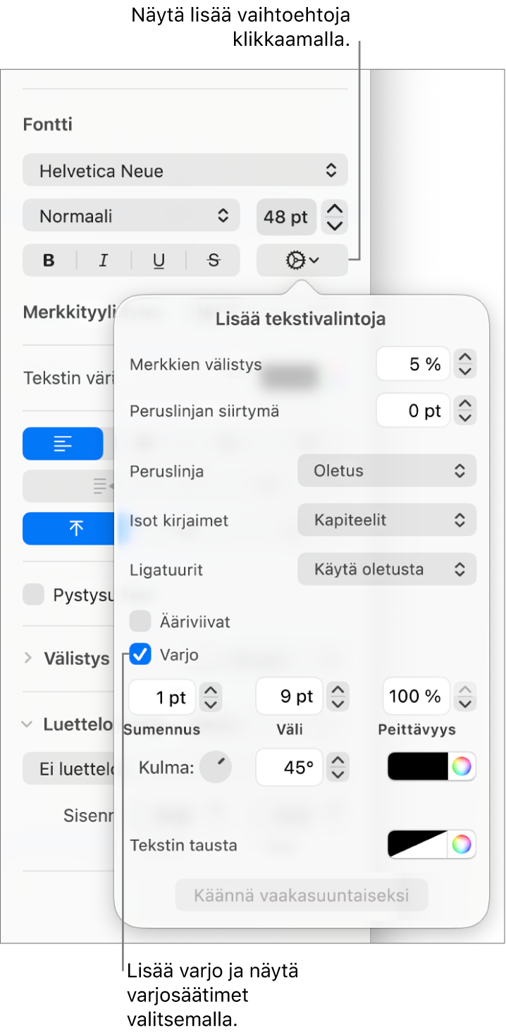 Avoinna ovat Lisävalinnat, joissa on valittuna Varjo-valintaneliö sekä sumennuksen, välin, peittävyyden, kulman ja värin asetukset.