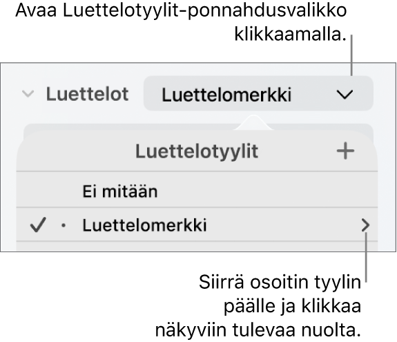 Luettelotyylit-ponnahdusvalikko, jossa on yksi tyyli valittuna ja nuoli sen oikeaan reunaan.
