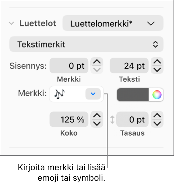 Muoto-sivupalkin Luettelot-osio. Luettelomerkki-kenttä, jossa näkyy kukkaemoji.