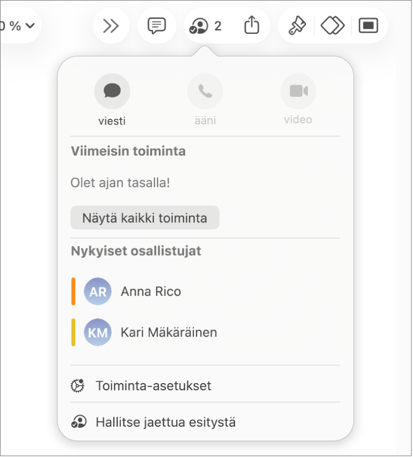 Yhteistyö-valikko, jossa on näkyvissä esityksen parissa yhteistyötä tekevien ihmisten nimet.