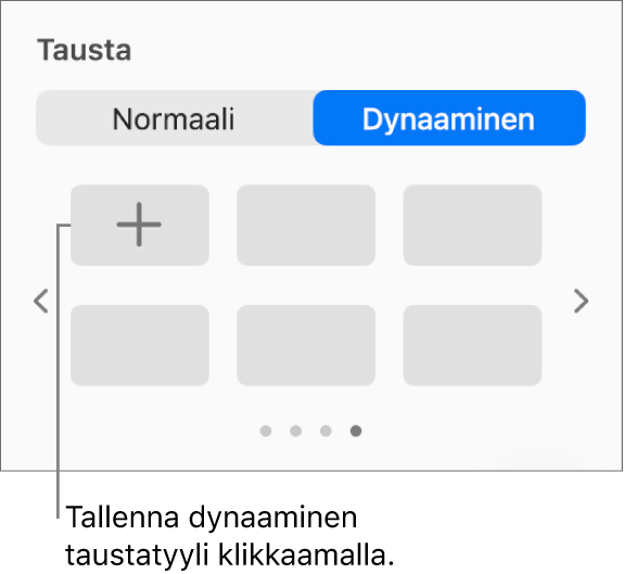 Dynaaminen-painike valittuna Muoto-sivupalkin Tausta-osiossa, ja Lisää tyyli -painike on näkyvillä.