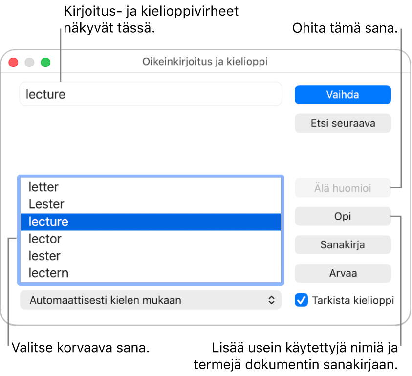 Oikeinkirjoitus ja kielioppi -ikkuna.