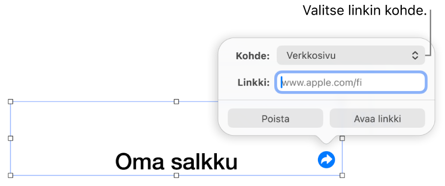 Linkin muokkausikkunan säätimet, joissa on valittuna Verkkosivu ja alhaalla ovat painikkeet Poista ja Avaa linkki.