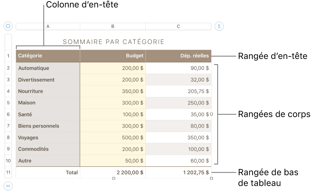 Tableau affichant des rangées et des colonnes d’en-tête, de corps et de bas de tableau, et poignées pour ajouter ou supprimer des rangées ou des colonnes.