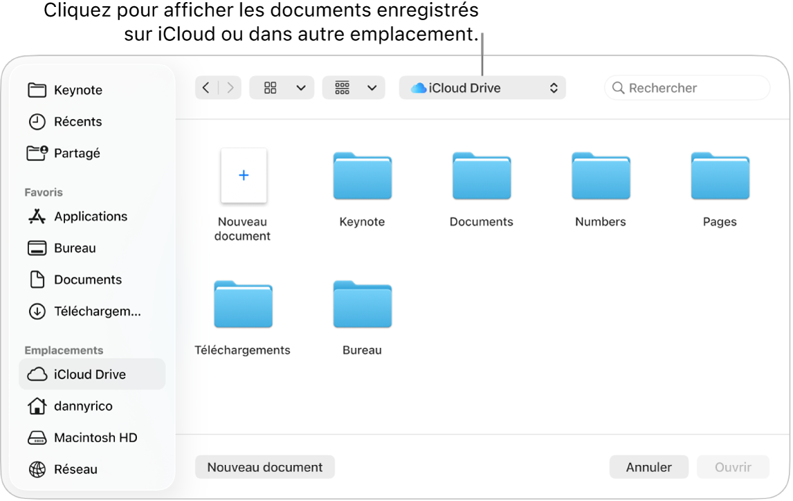 La boîte de dialogue Ouvrir avec la barre latérale s’ouvre à gauche et le lecteur iCloud Drive sélectionné apparaît dans le menu contextuel en haut de l’écran. Les dossiers de Keynote, Numbers et Pages apparaissent dans la boîte de dialogue ainsi qu’un bouton Nouveau document.