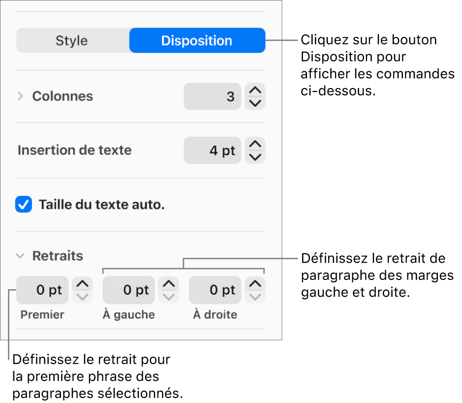 La section Disposition de la barre latérale Format, présentant les commandes définissant le retrait de première ligne et les marges de paragraphe.