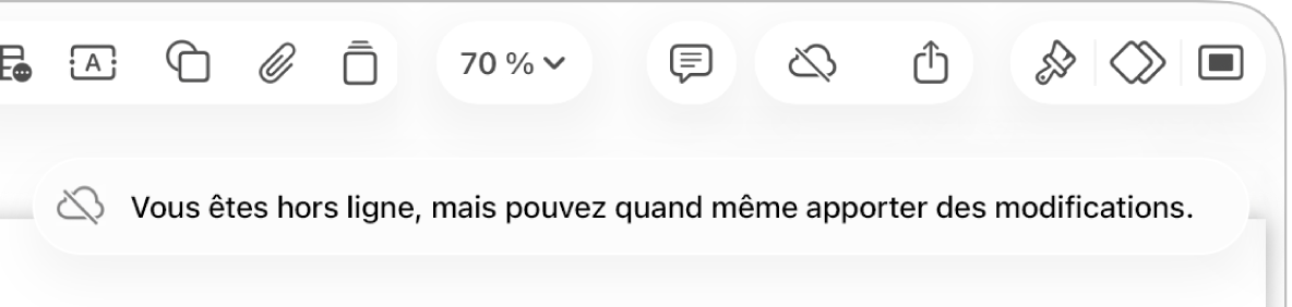 Les boutons en haut de l’écran, avec le bouton Collaboration qui se transforme en un nuage traversé par une ligne diagonale. Une alerte à l’écran indique « Vous êtes hors ligne, mais pouvez quand même apporter des modifications ».