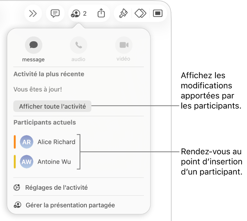Le menu de collaboration avec deux participants actuels dans la liste.
