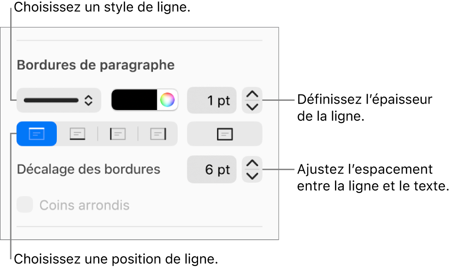 Commandes permettant de modifier le style, l’épaisseur, la position et la couleur de la ligne.