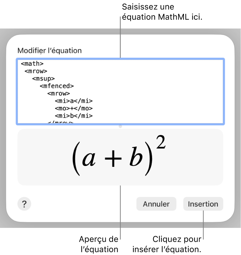Équation de la pente d’une droite dans le champ Modifier l’équation et aperçu de la formule en dessous.