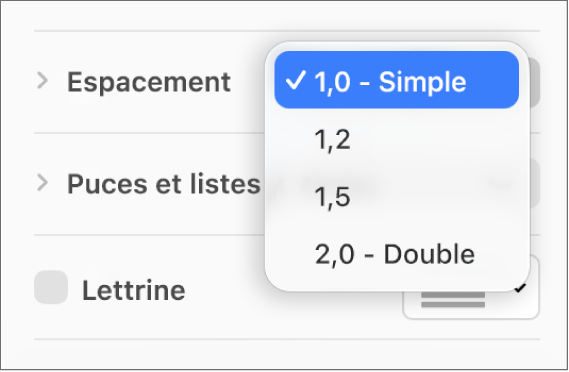 Le menu contextuel Espacement, avec les options Simple, Double et d’autres.
