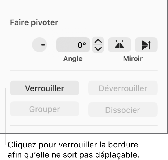 Les commandes d’objet Faire pivoter, Verrouiller et Grouper avec le bouton Verrouiller en évidence.