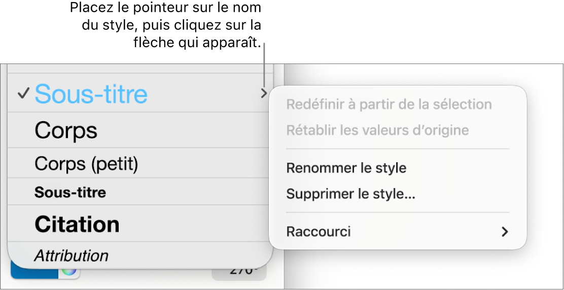 Le menu Styles de paragraphe avec le menu contextuel ouvert.