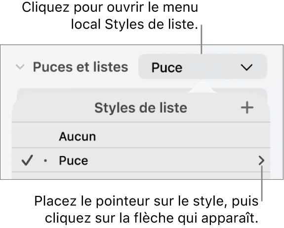 Le menu contextuel Liste des styles avec un style sélectionné et une flèche à l’extrême droite.