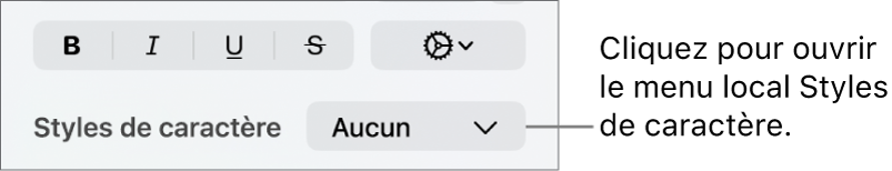 Menu contextuel Styles de caractère sous les commandes de modification de la couleur et du style de texte.