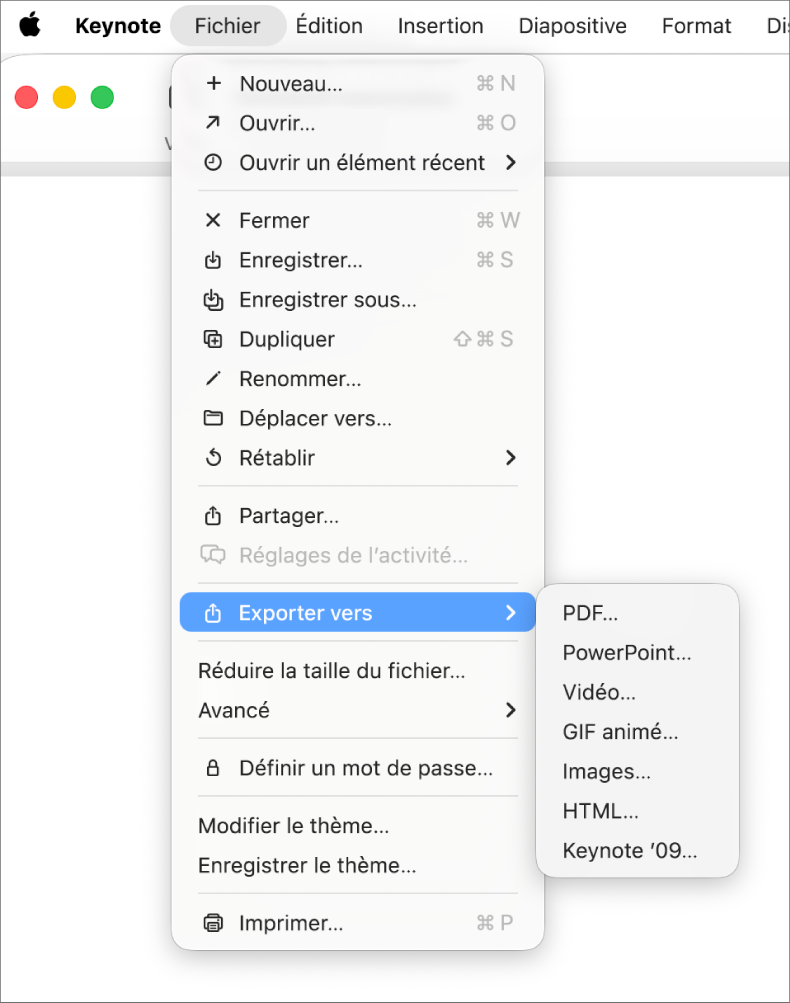 Menu Fichier ouvert avec l’option « Exporter vers » sélectionnée et le sous-menu correspondant affichant les options d’exportation aux formats PDF, PowerPoint et Vidéo.