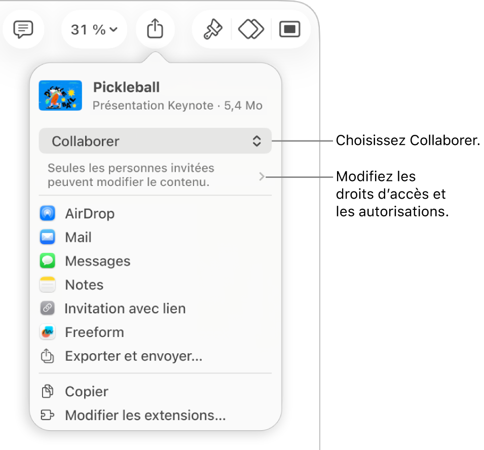 Le menu Partager avec l’option Collaborer sélectionnée dans le haut, au-dessus des réglages d’accès et d’autorisation.