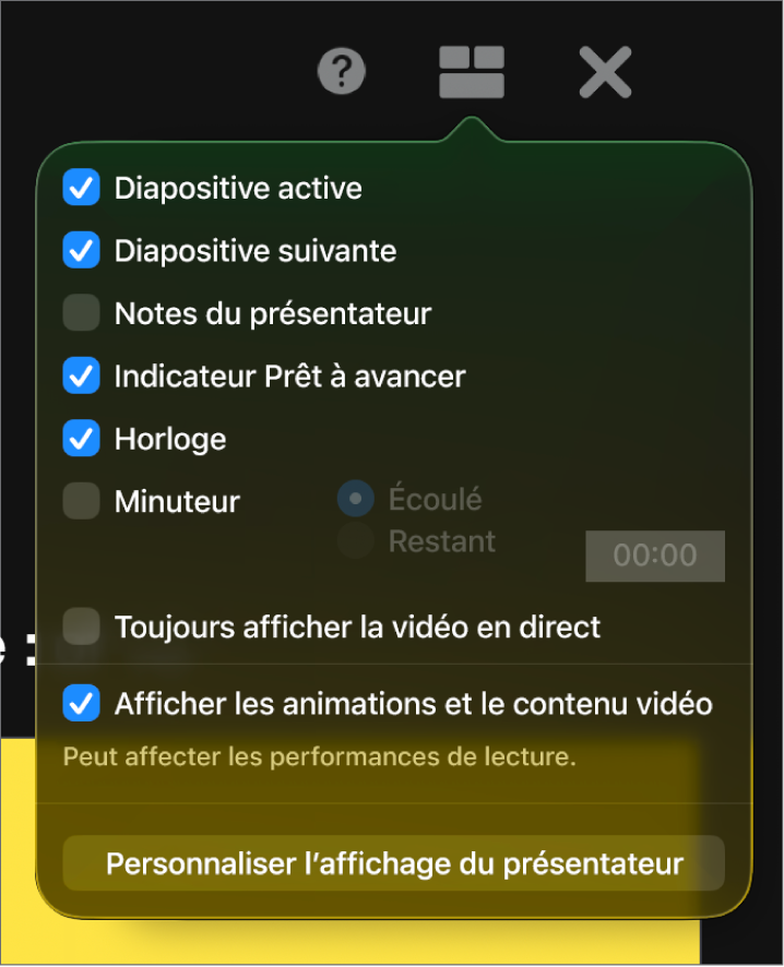 Les options de l’affichage du présentateur, y compris Diapositive actuelle, Diapositive suivante, Notes du présentateur, Indicateur Prêt à avancer, Horloge et Minuteur. Le minuteur propose des options supplémentaires permettant d’afficher le temps passé et le temps restant.