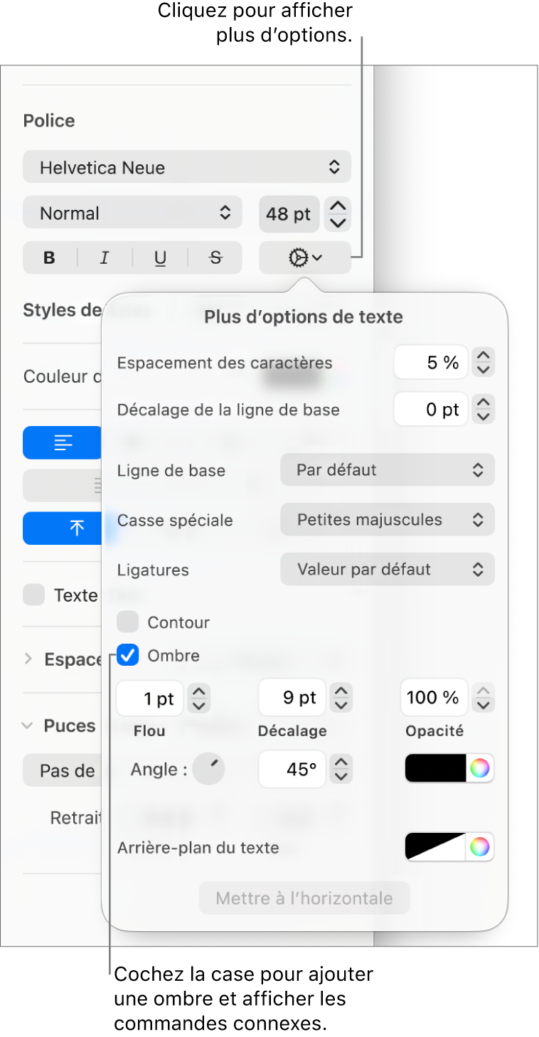 Les Options avancées s’ouvrent avec la case Ombre cochée et les commandes pour définir les réglages de flou, de décalage, d’opacité, d’angle et de couleur.