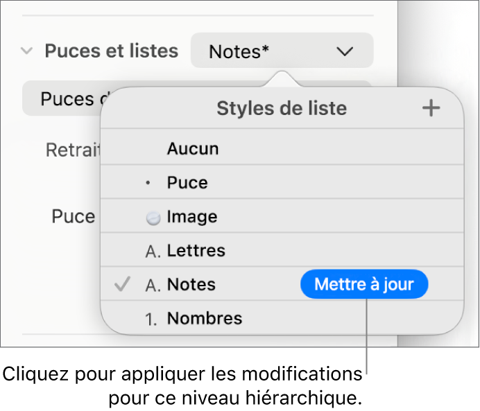 Menu contextuel Styles de liste avec un bouton Mettre à jour situé à côté du nom du nouveau style.