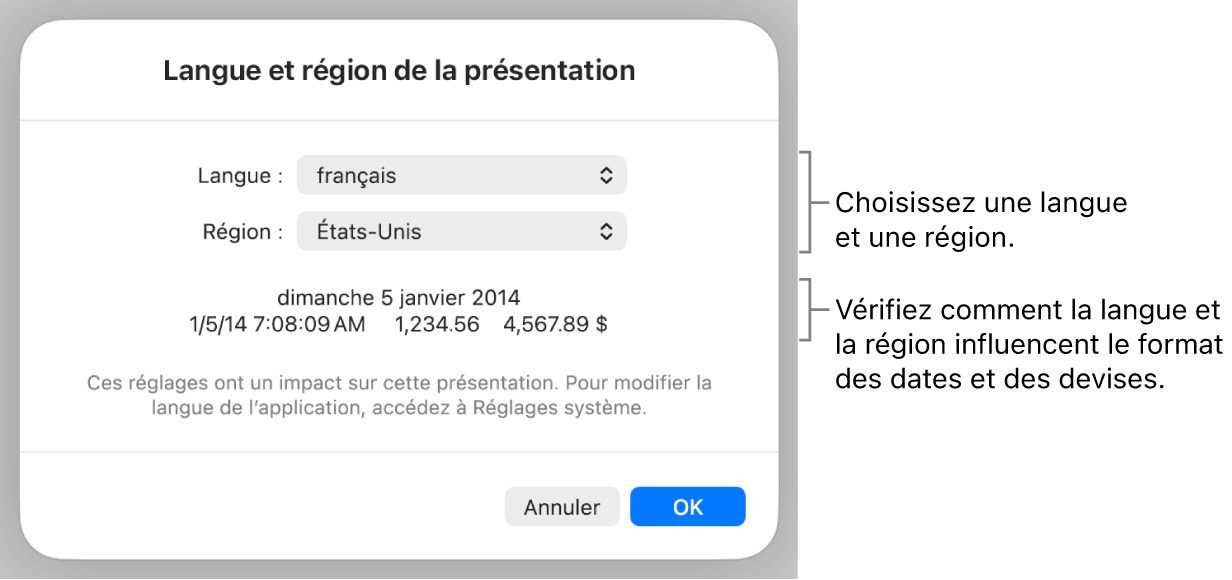 Sous-fenêtre Langue et région avec les commandes pour la langue et la région, et un exemple du format qui comprend la date, l’heure, les décimales et la devise.