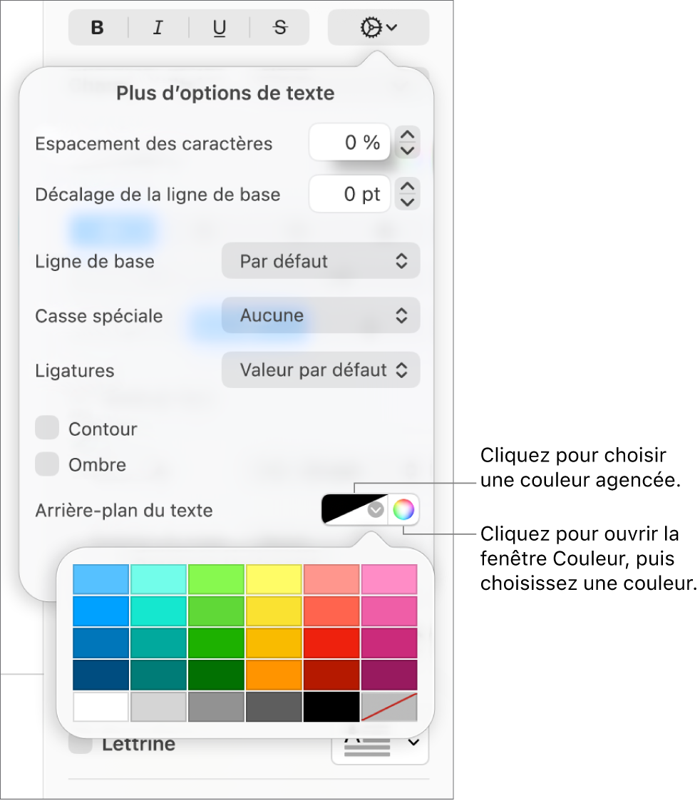 Commandes de sélection d’une couleur d’arrière-plan du texte.