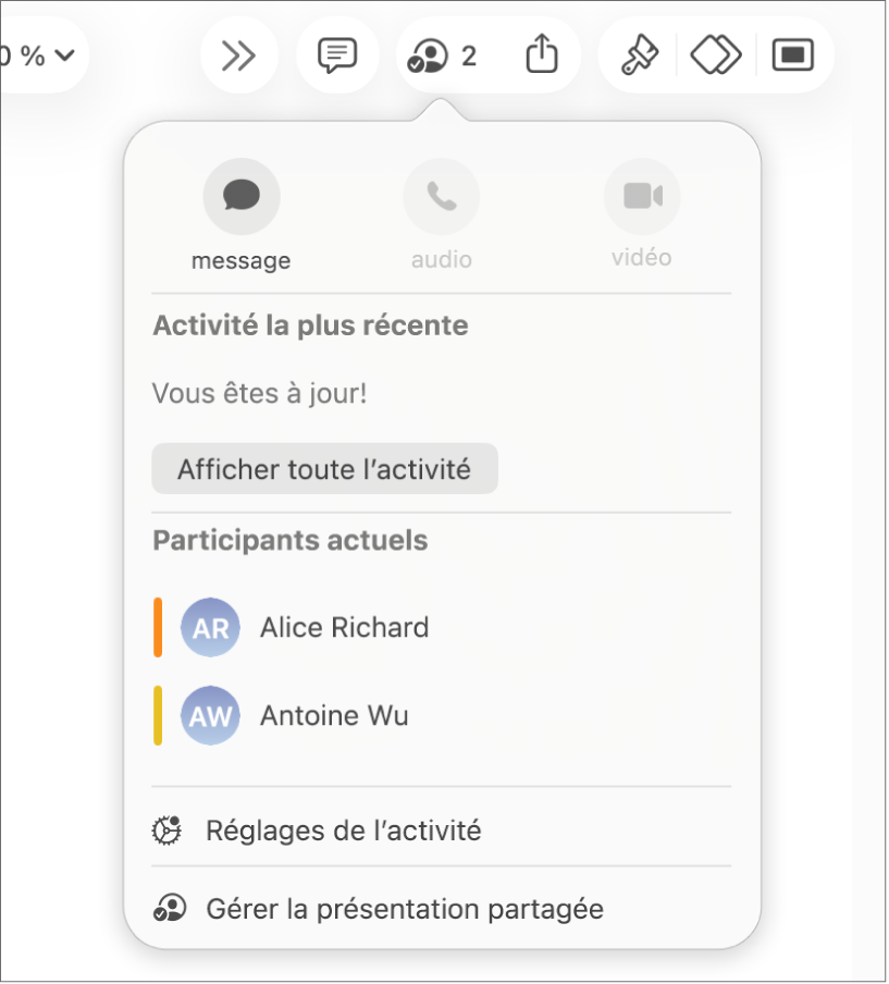 Le menu de collaboration affiche les noms des personnes qui collaborent dans la présentation.