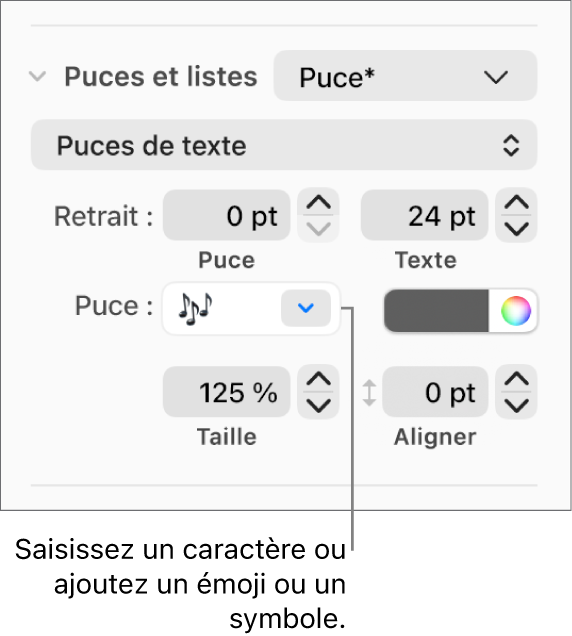 La section Puces et listes de la barre latérale Format. Le champ Puces affiche un émoji de fleur.