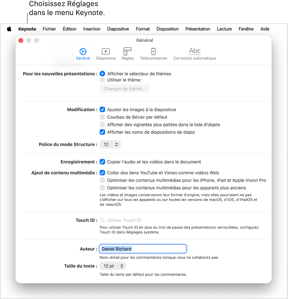 La fenêtre des réglages Keynote ouverte, présentant la sous-fenêtre Général.