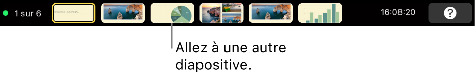 La Touch Bar du MacBook Pro avec les commandes de présentation pour la quitter, passer d’une diapositive à l’autre et changer l’affichage du présentateur.