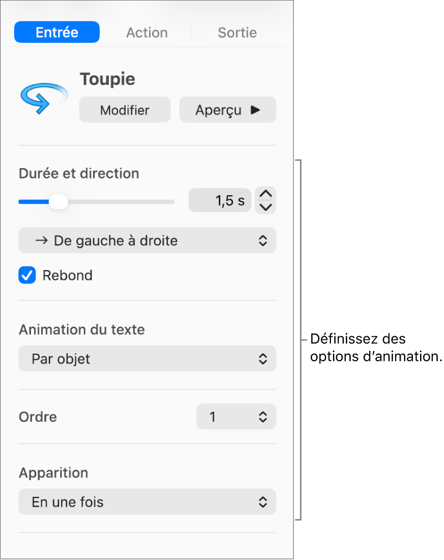Options d’entrée de l’onglet Animer de la barre latérale.