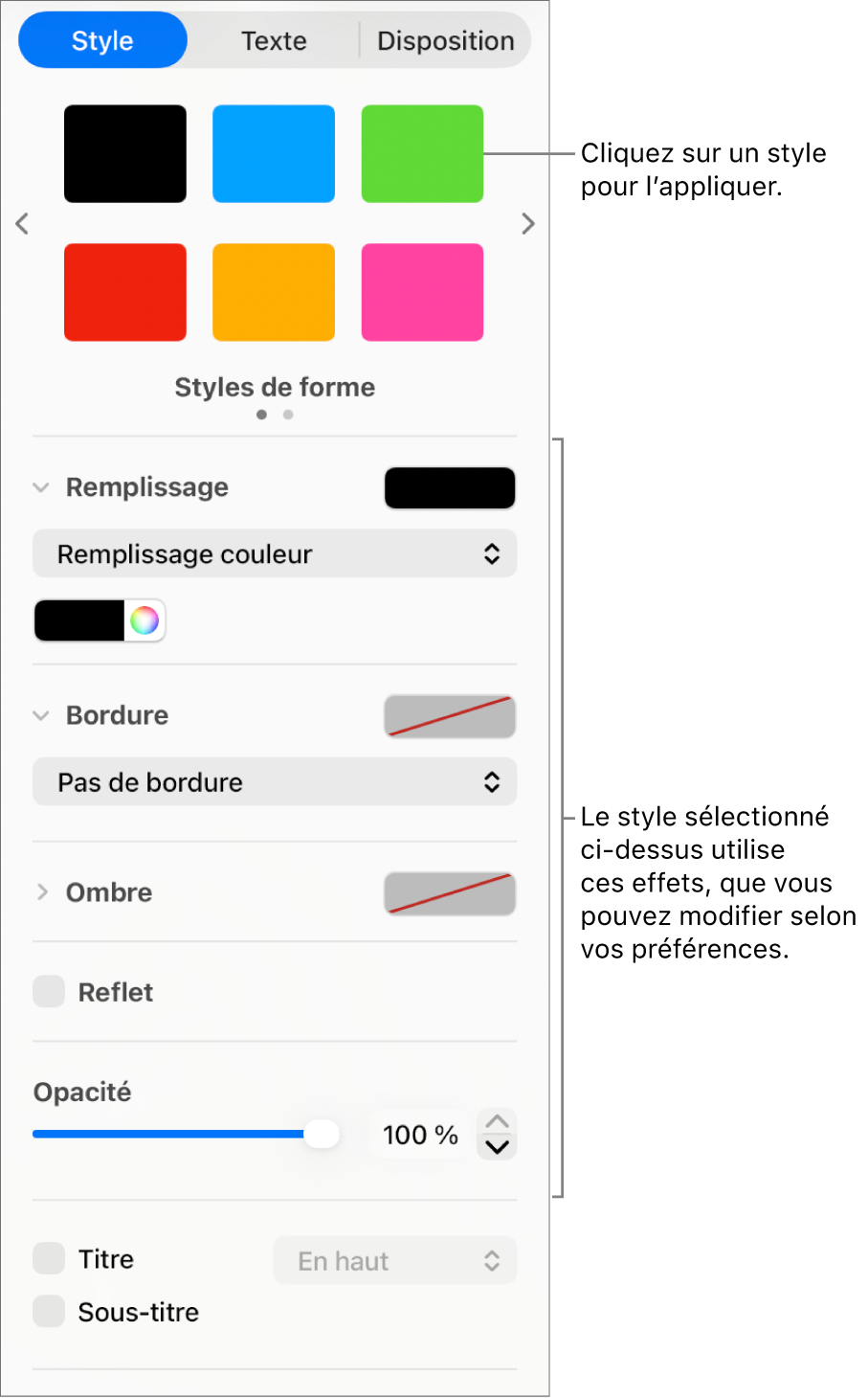 Styles et options de forme de la section Format de la barre latérale.