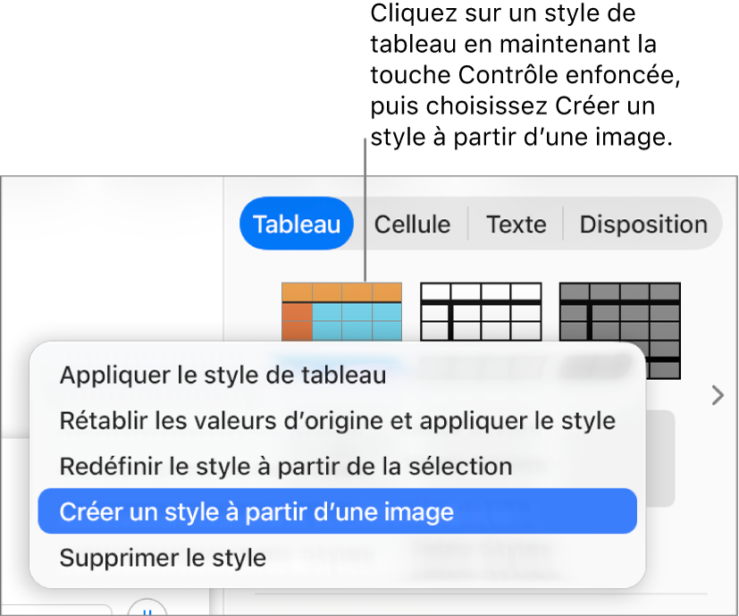 Le menu contextuel Style de tableau.
