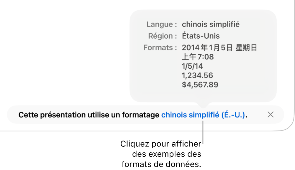 La notification du réglage de langue et de région différent affichant des exemples de la mise en forme correspondant à cette langue et à cette région.