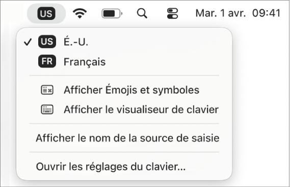 Le menu Saisie situé dans le coin supérieur droit de la barre des menus.