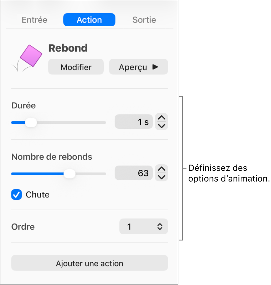 Commandes d’action de la section Animer de la barre latérale.