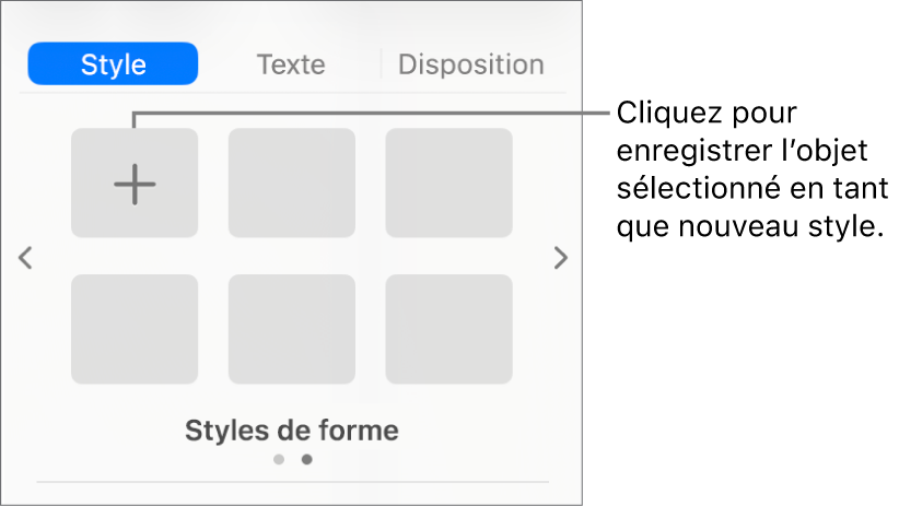 Onglet Style de la barre latérale Format avec bouton Créer un style à droite et quatre paramètres fictifs de style vides.