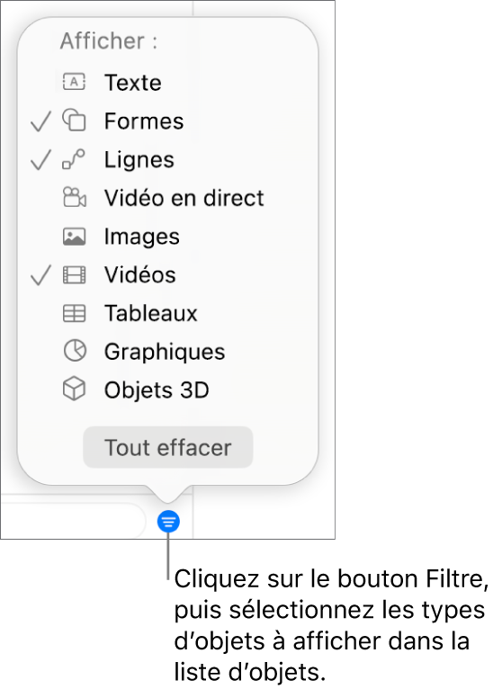 Le menu contextuel Filtrer ouvert, avec les types d’objets qui peuvent être compris dans la liste (texte, formes, lignes, images, vidéos, tableaux et graphiques).